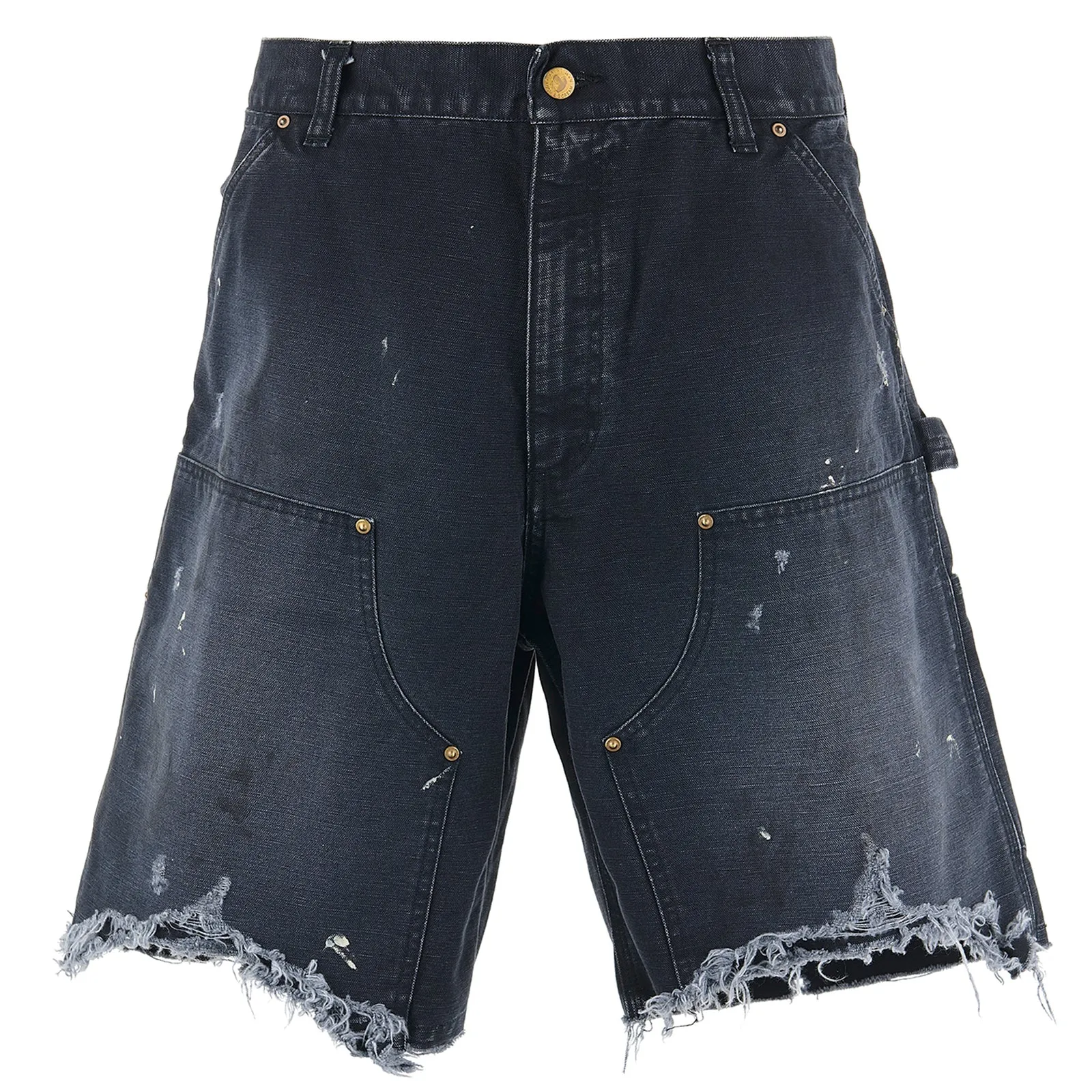 SAINT Mxxxxxx DOUBLE KNEE SHORTS/BLK Knee patches splashed with ink and water-splashed denim shorts. Washed black S-XL. Custom-woven and dyed denim fabric with clear texture. Heavy-wash water-fading treatment to create local mottled fading/hole effects. Artificial distressing to simulate natural traces of wear. VINTAGE. Original consistent damage treatment. Hand-splashed ink and paint. Original consistent wash water mark/pocket mark. Double knee patch. Rivet reinforcement. Improve functionality while enhancing design